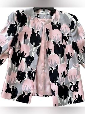 Kasper Pink Black Gray Floral Open Front Jacket Size 8